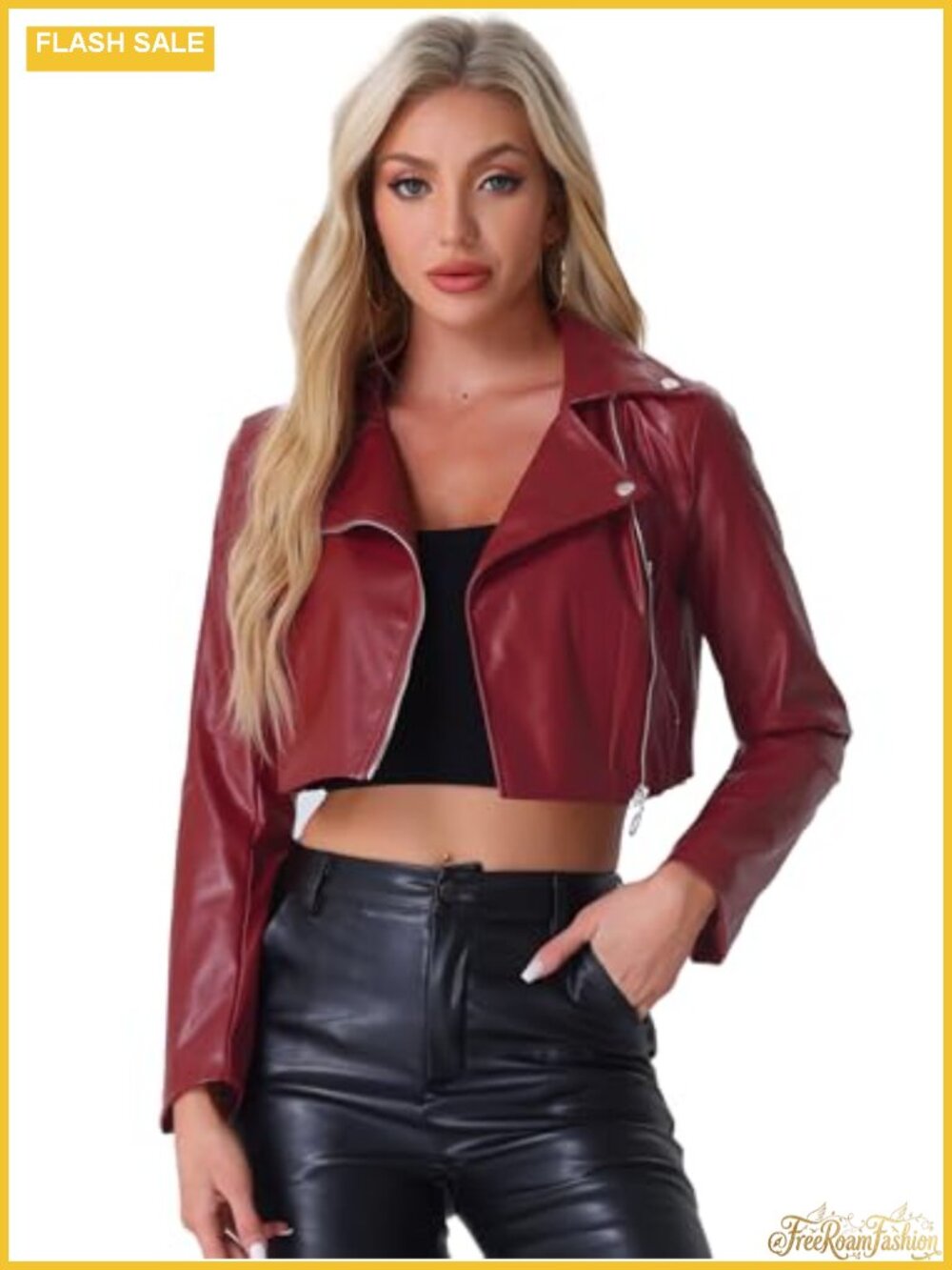 Faux Leather Long Sleeve Zip Up Moto Cropped Jacket Notched Collar